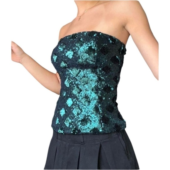 ZARA Teal Green Sequin Strapless Tube Top - Picture 1 of 12